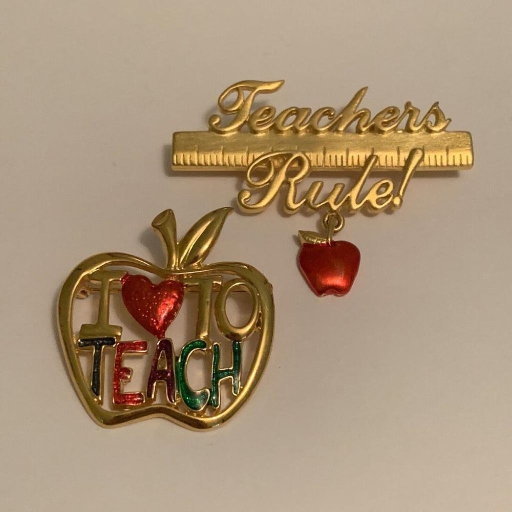 Lot Of 2 Costume Jewelry Brooches Gold Tone Teachers Rule • I Heart To Teach